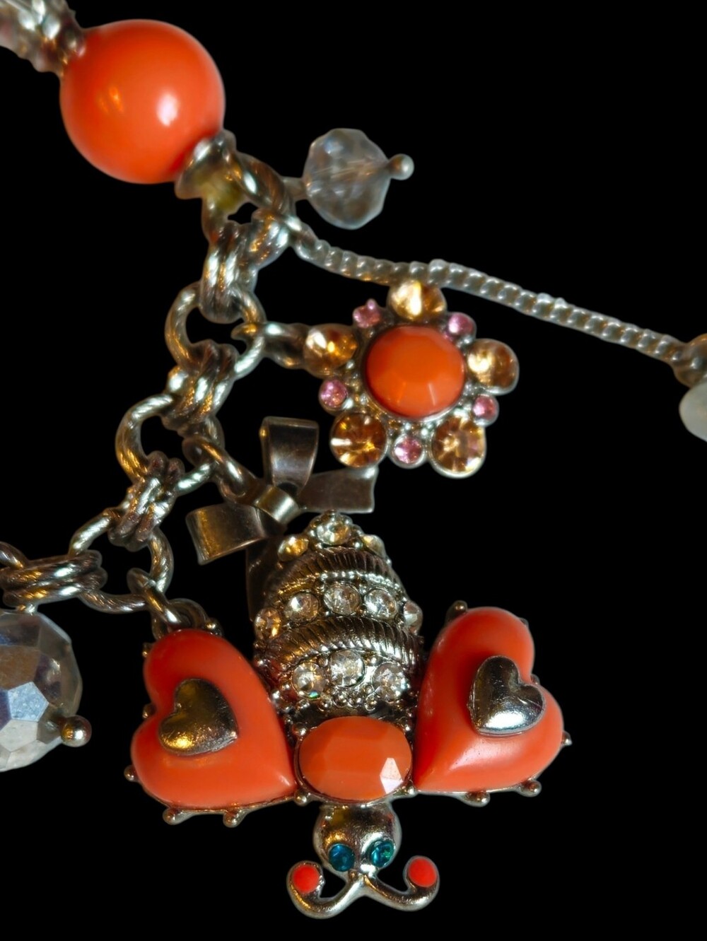 🐝Betsey VINTAGE Bee Half-Stretch Charm Bracelet Silver-Tone Orange Accents EPC